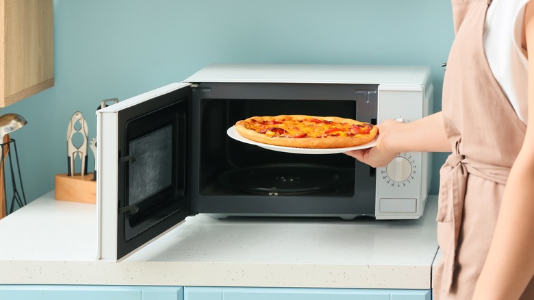 Person putting pizza in the microwave