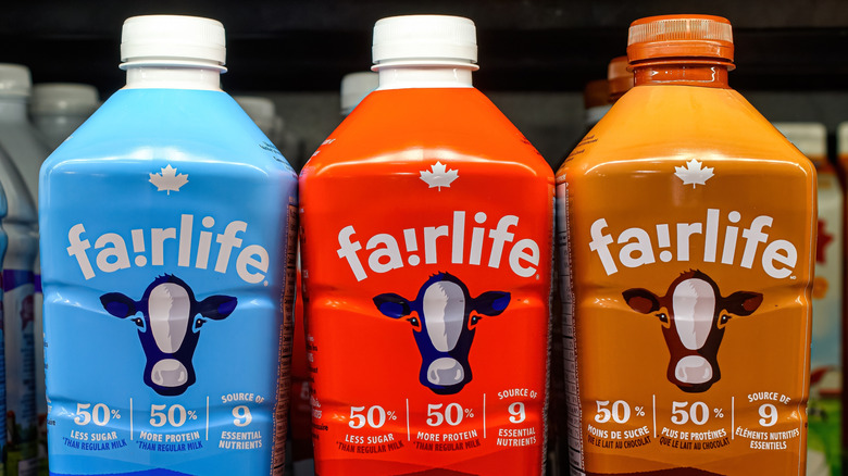 close up of fairlife milk bottles