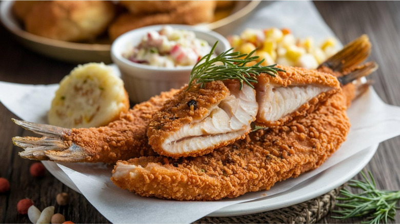 Golden brown fried catfish on a plate with sides