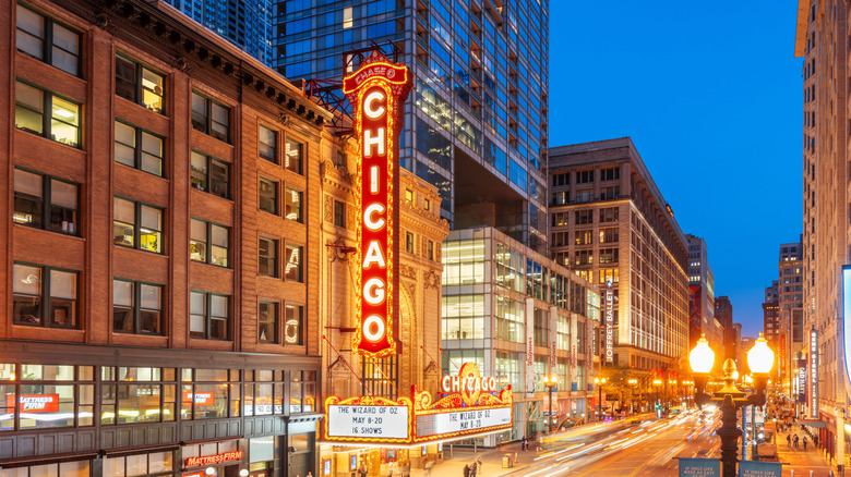 Chicago Theater exterior at dusk