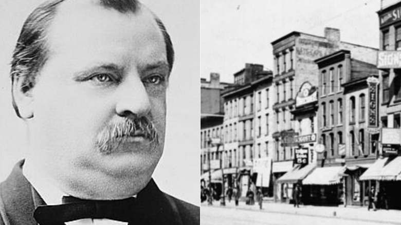 black and white photos of Grover Cleveland and 19th century Buffalo