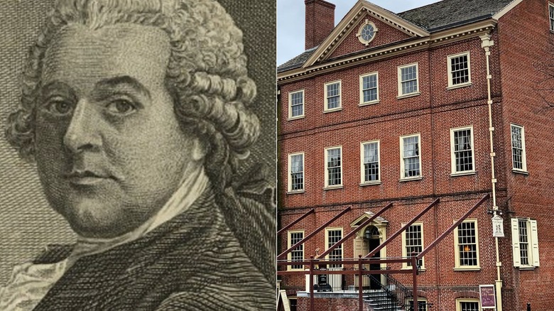 Portrait of John Adams and exterior of City Tavern