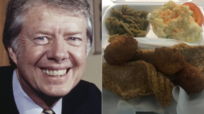 Jimmy Carter and take out container of catfish and sides