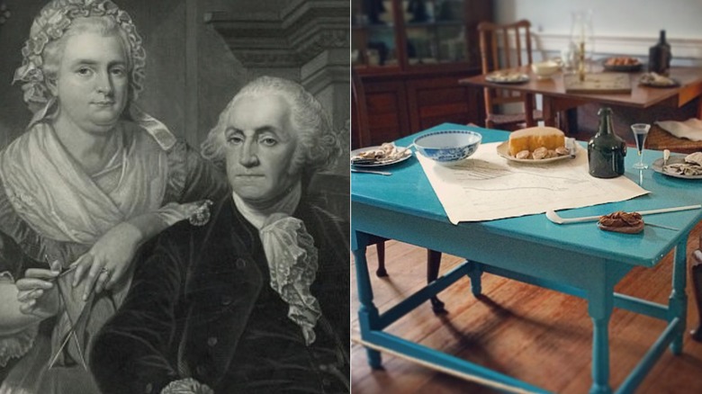 Martha and George Washington and colonial dinner table