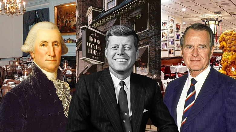 George Washington, John F. Kennedy, and George H.W. Bush with their favorite restaurants