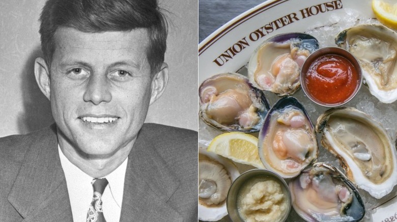 Young JFK split image with oysters from Union Oyster House