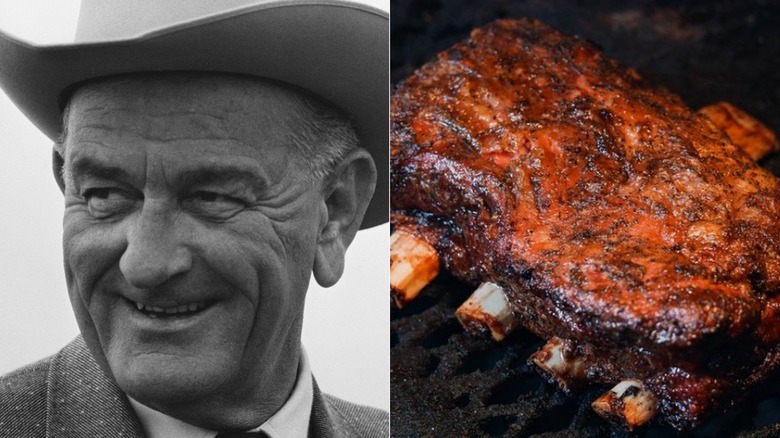 Lyndon Johnson in a cowboy hat and BBQ smoked rib meat