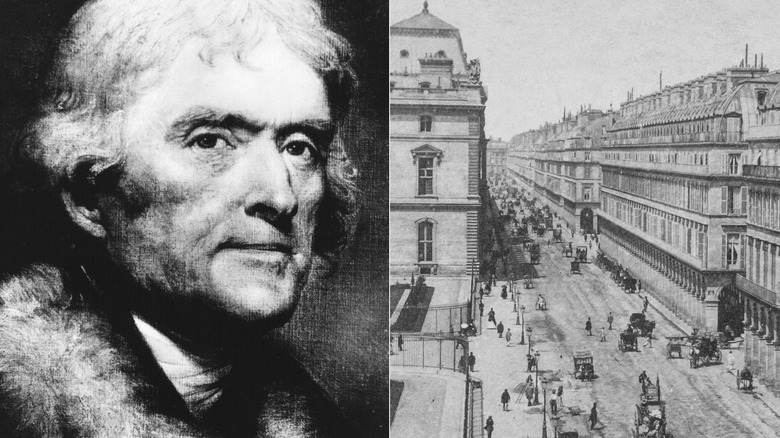 Split screen of Thomas Jefferson and Rue de Rivoli