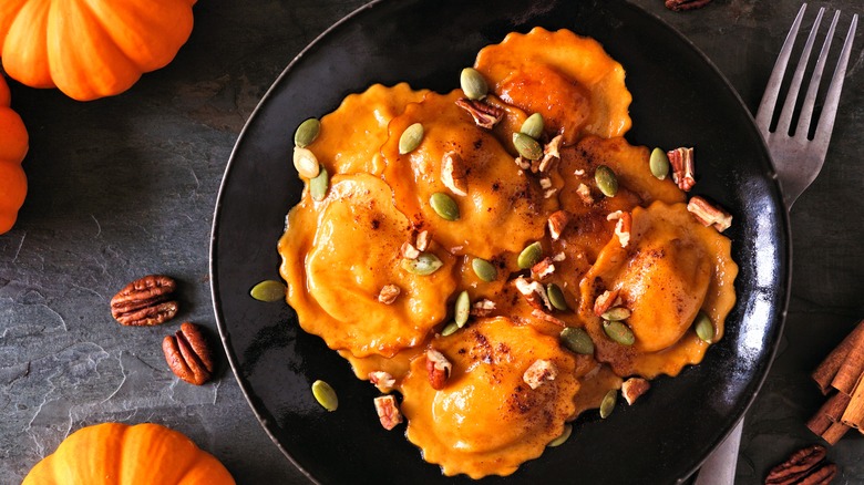 Pumpkin filled ravioli with nuts