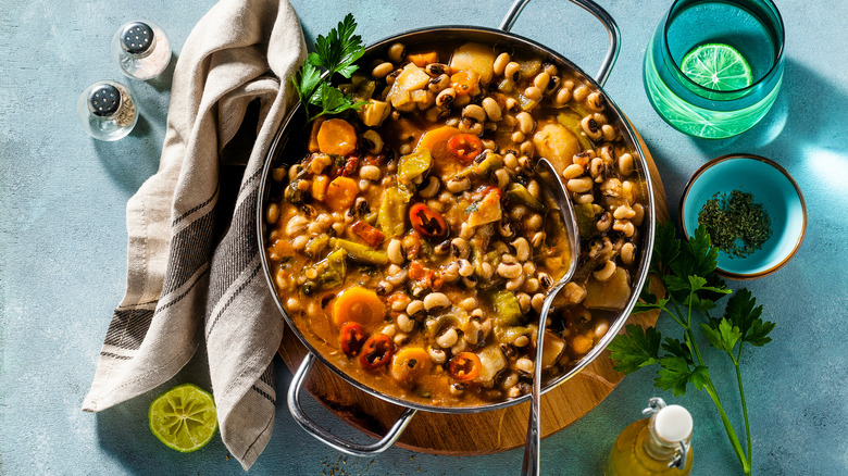 Black-eyed pea soup in a metal pan