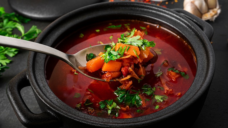 Borscht against a black background