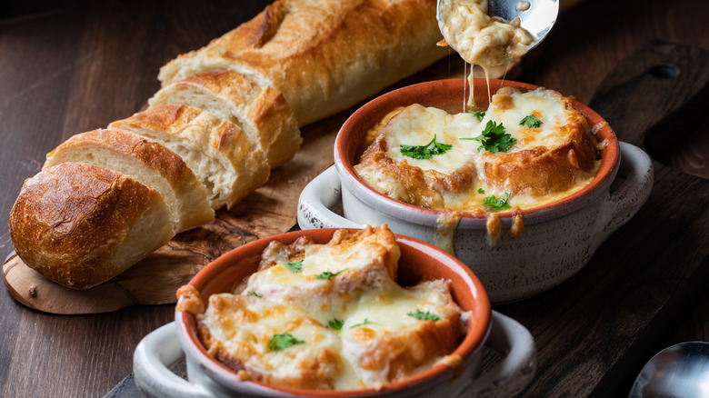 Two bowls of French onion soup