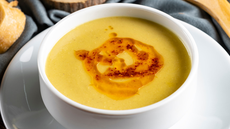 Turkish Traditional Lentil Soup with bread in white bowl 