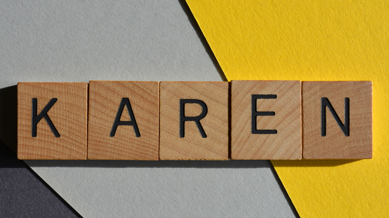 Karen spelled out in block Scrabble letters