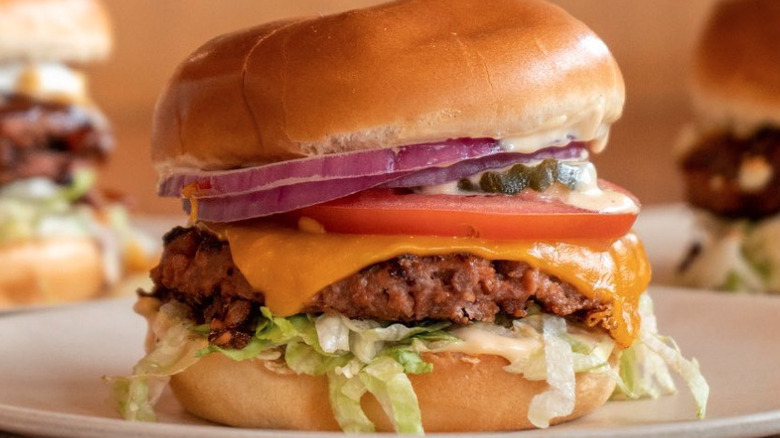 Vegan cheeseburger with onions and tomato