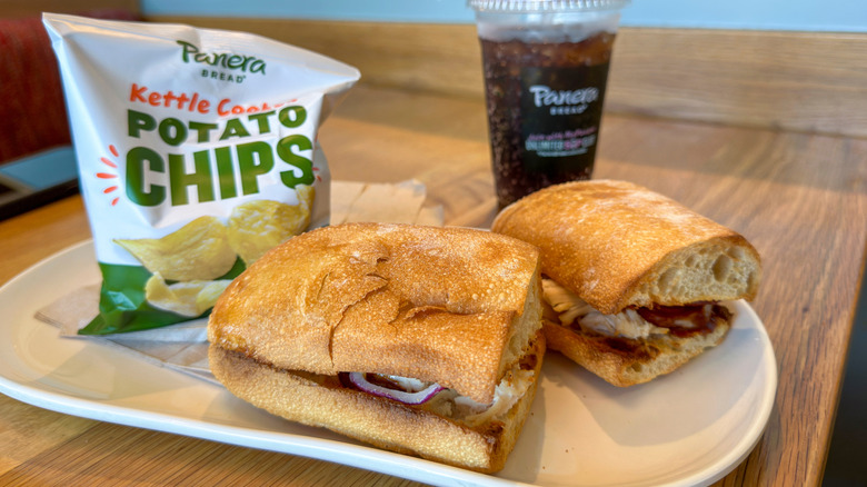 Panera sandwich with chips and soda