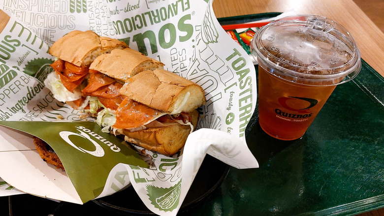 Quiznos sandwich with iced tea