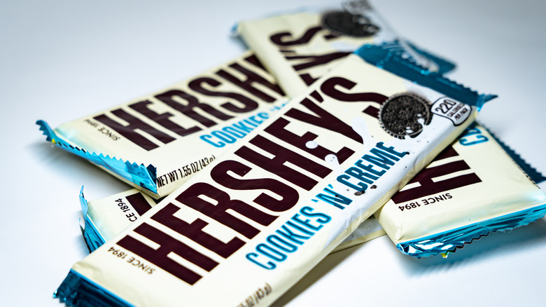 Hershey's Cookies and Creme bars against a white background