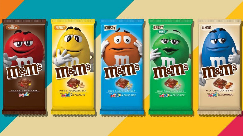 A lineup of M&M's candy bars