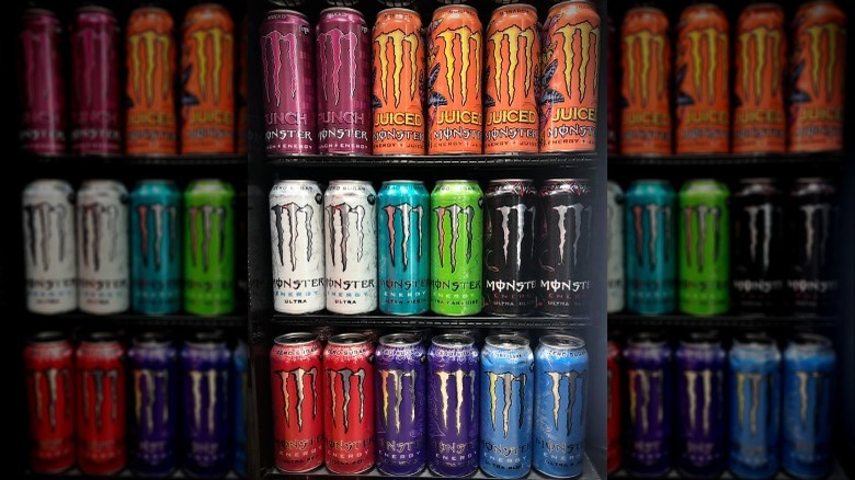 Variety of Monster Energy drinks at the store