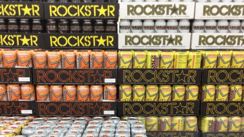 Variety of cases of Rockstar Energy at store