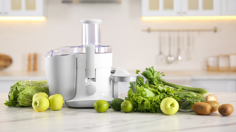 Juicer next to lettuce and apples