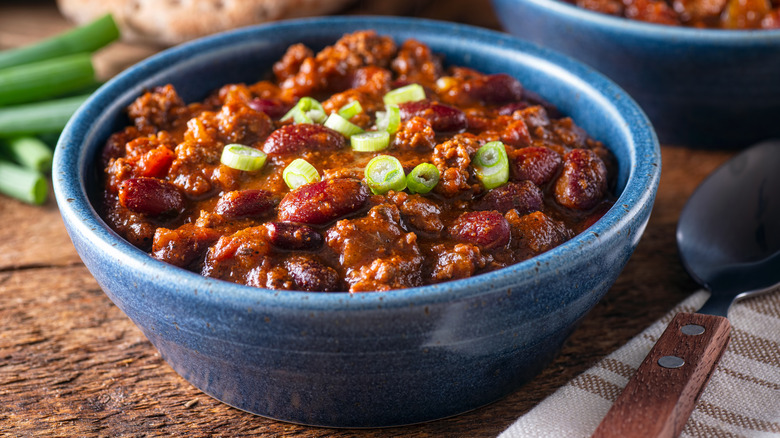 Chili in blue bowl