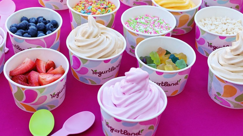 cups of Yogurtland frozen yogurt and toppings