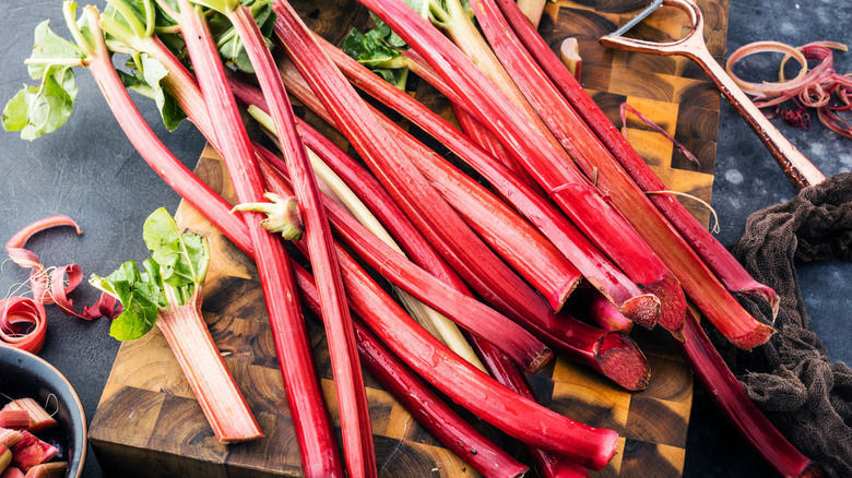 rhubarb on wooden board