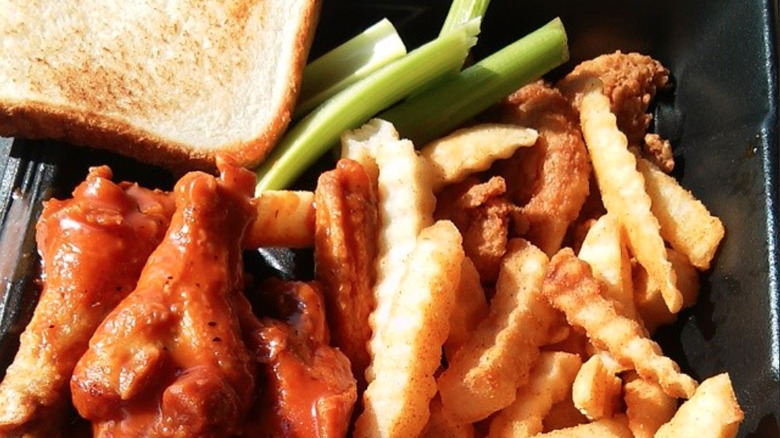 Wings, fries, celery, Texas toast