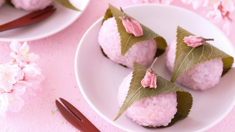 Three sakura mochi on pink table