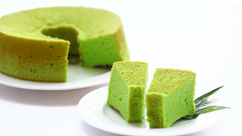 Two slices of green pandan cake