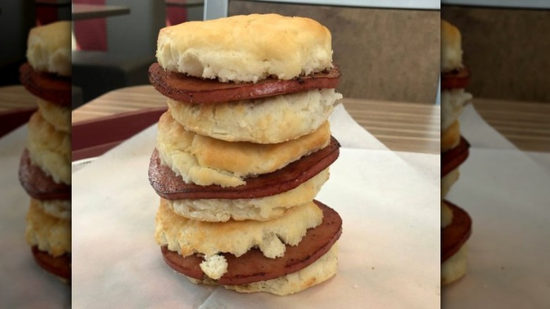 stacked bologna biscuit on table