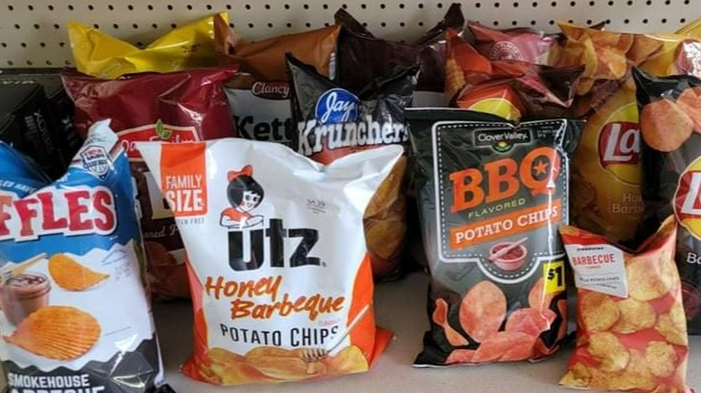 Bags of BBQ potato chips