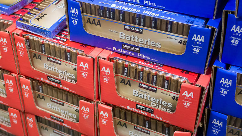 Kirkland battery packages displayed at store