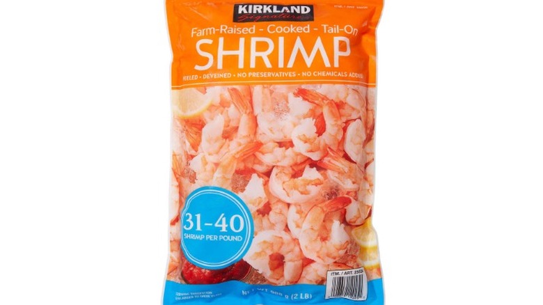 Frozen Kirkland shrimp bag on white