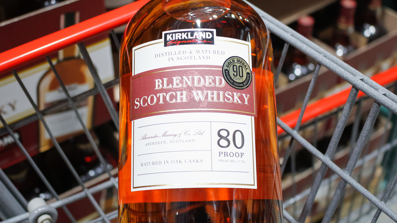 Bottle of Kirkland scotch in basket