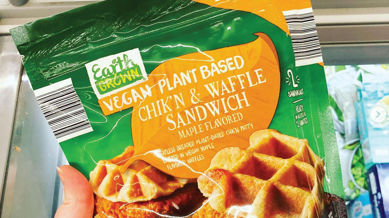 Earth Grown Vegan Chik'n and waffle sandwich