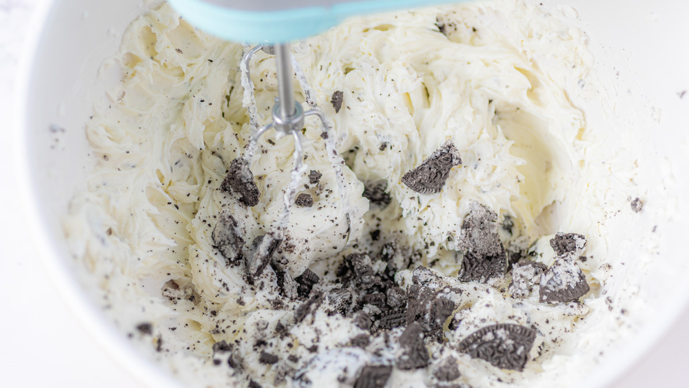 filling for no-bake Oreo cheesecake being stirred