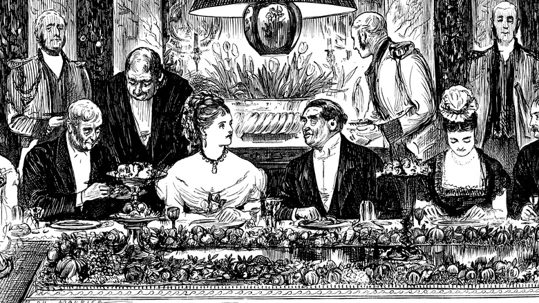 British aristocrats observing etiquette at dinner