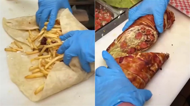 Bacon wrapped burrito cut in half