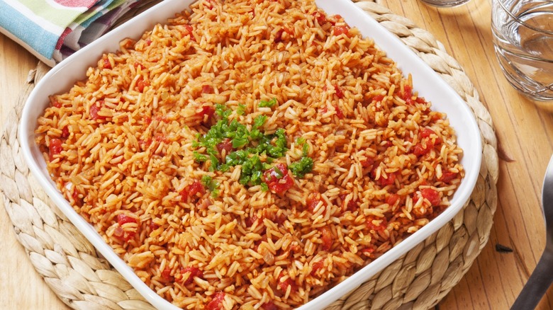 Mexican rice in white pan