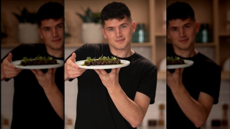 Nick DiGiovanni showing chimichurri marinated steak