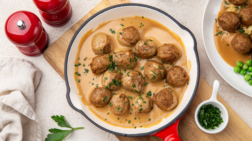 Pot of swedish meatballs and gravy