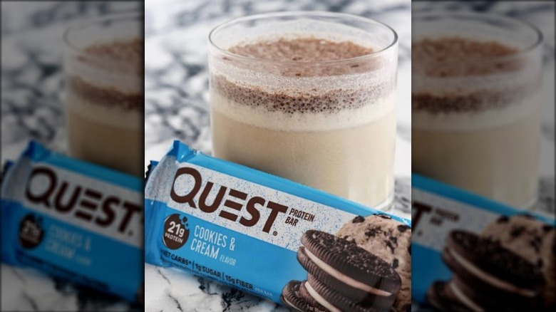 Quest Cookies & Cream protein bar and milk