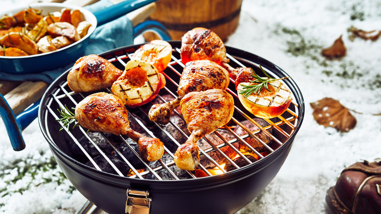 Chicken on grill in winter