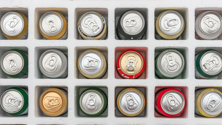 Top view of a case of colorful aluminum cans