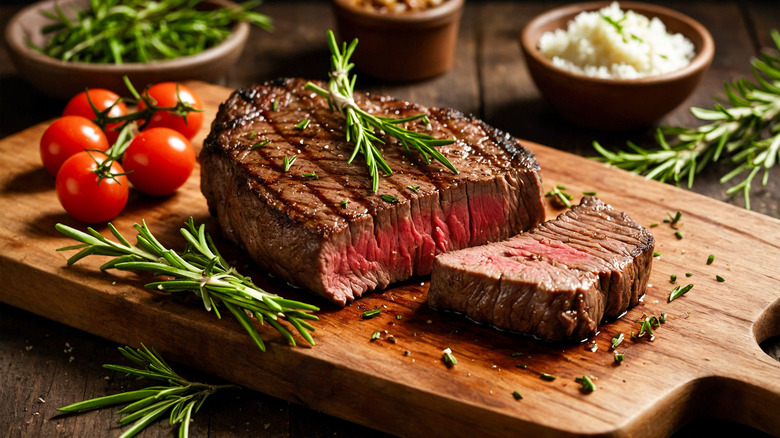 perfectly cooked steak on a cutting board