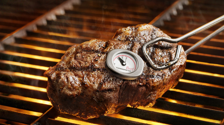 steak with meat thermometer on grill