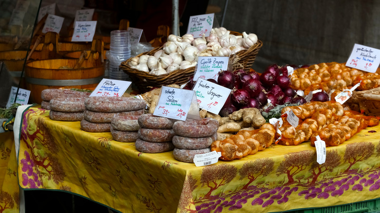 Various food items at a stall in Bern's Onion Market